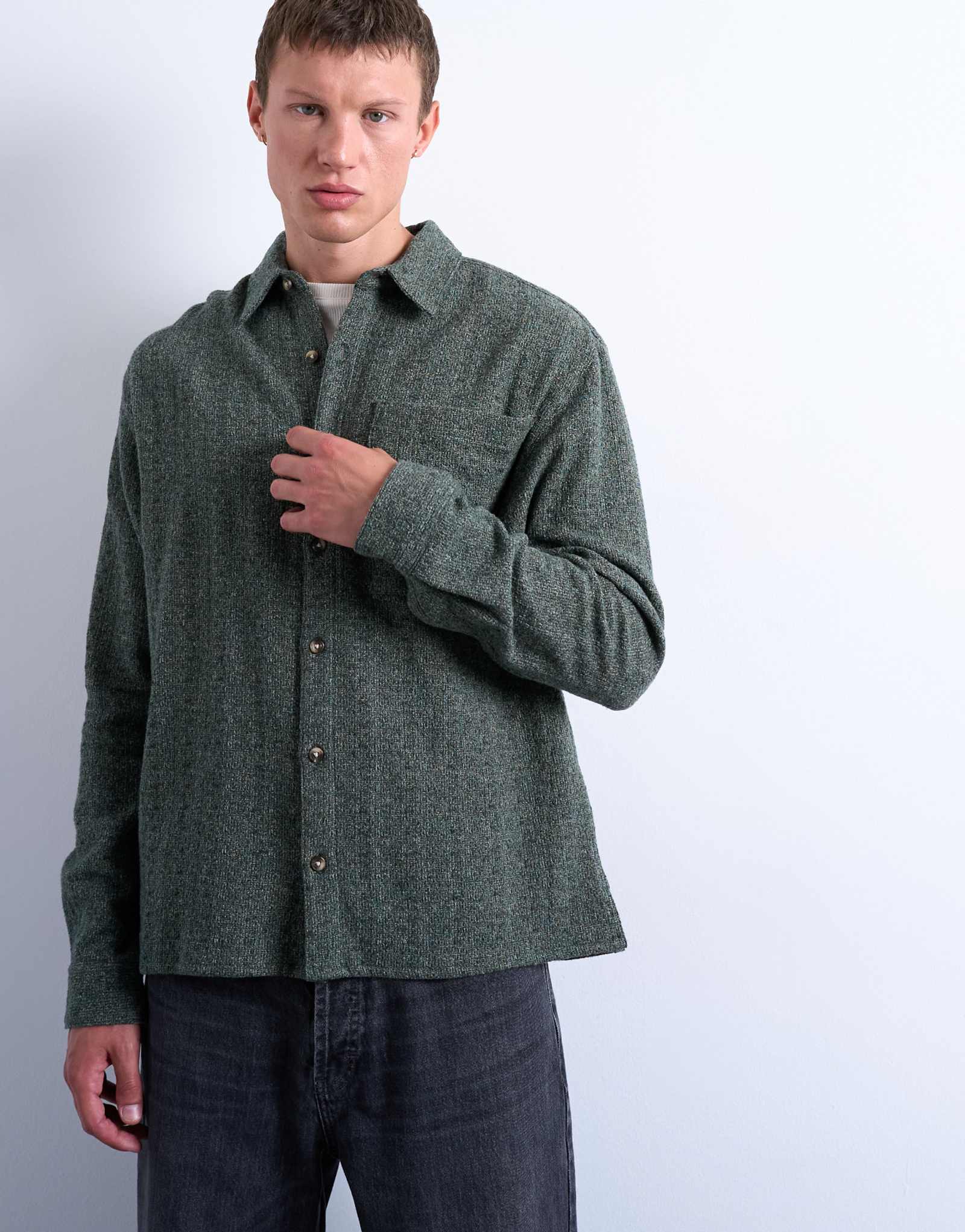 Текстурированная рубашка свободного покроя Topman зеленого цвета в полоску