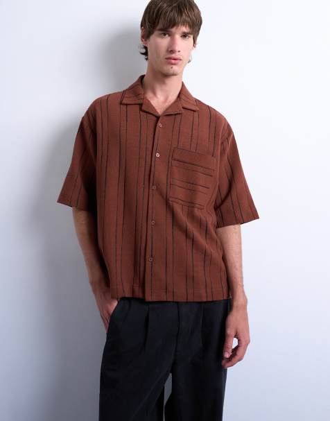 Topman relaxed fit textured stripe button-through polo shirt in brown - view 1