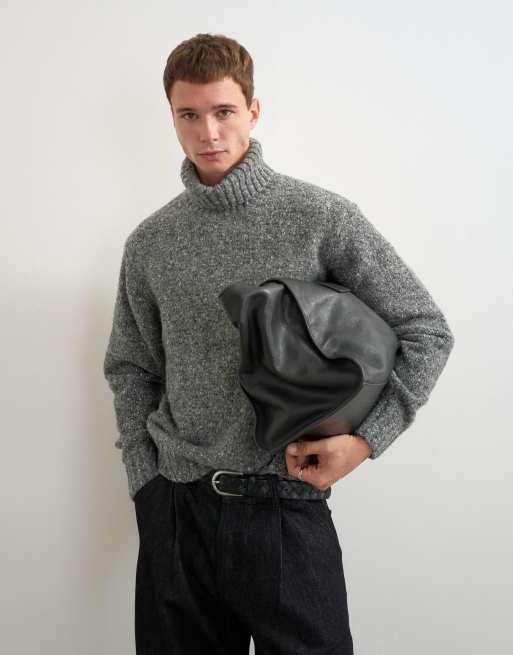 Topman relaxed fit textured turtleneck knitted sweater in charcoal, 2 of 5