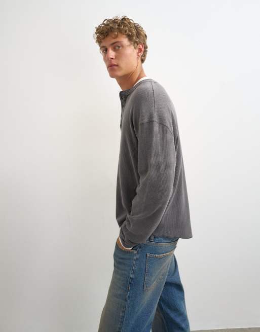 Topman relaxed-fit waffle henley met onafgewerkte zoom in gewassen zwart, 4 van 5