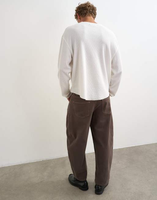 Topman relaxed fit waffle henley with raw hem in washed ecru, 5 of 5
