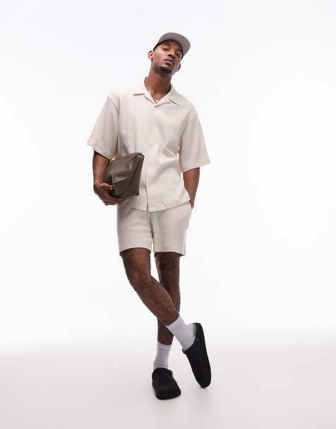 Topman relaxed fit waffle knit button up jersey shirt in stone - view 1