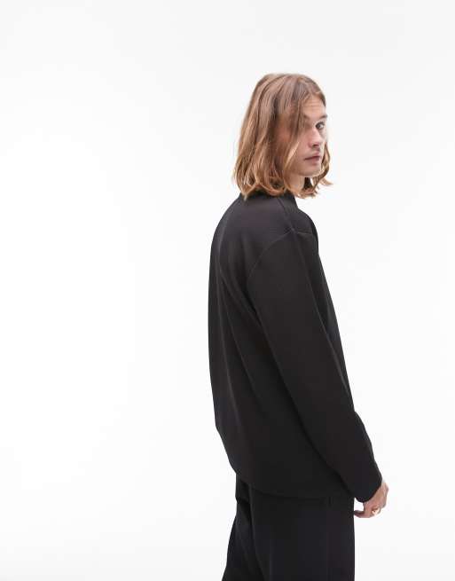 Topman relaxed fit waffle knit zip polo shirt in black, 2 of 4