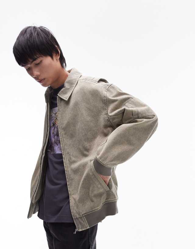 Topman - relaxed fit washed denim bomber jacket in khaki