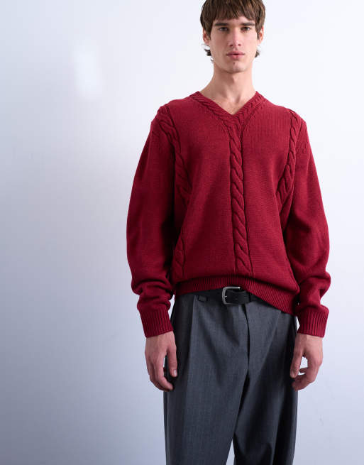 Topman relaxed fit v neck cable sweater in red