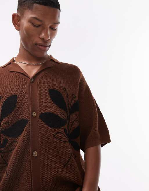 Topman relaxed floral applique revere knitted shirt in brown, 3 of 4