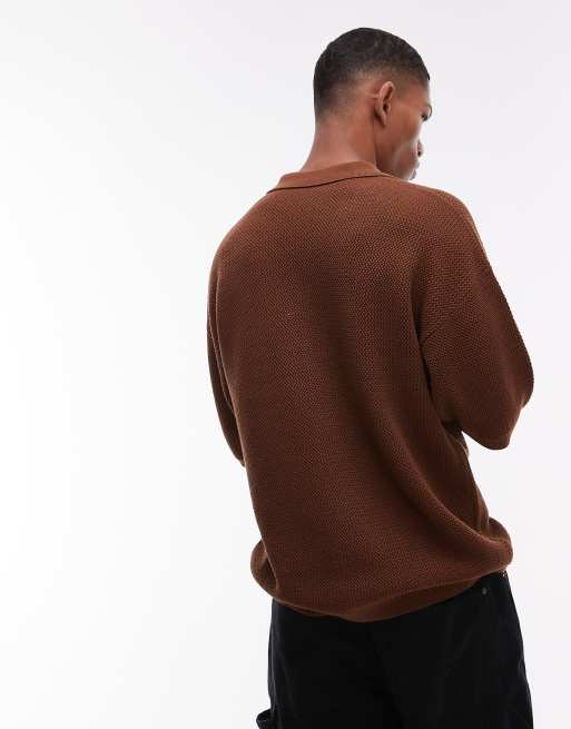 Topman relaxed floral applique revere knitted shirt in brown, 4 of 4