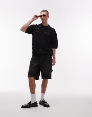 Topman Relaxed Openwork Floral Short Sleeve Button-up Shirt In Black