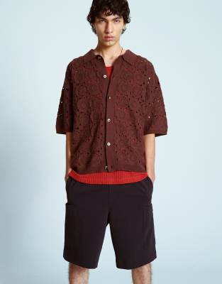 relaxed floral crochet shirt in brown