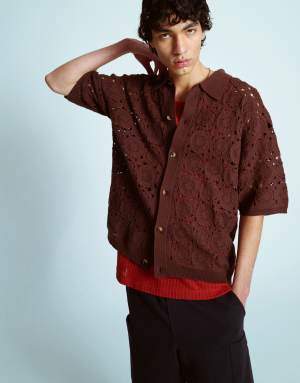 Topman relaxed floral crochet shirt in brown