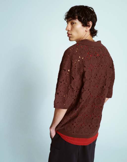 Topman relaxed floral crochet shirt in brown, 4 of 4