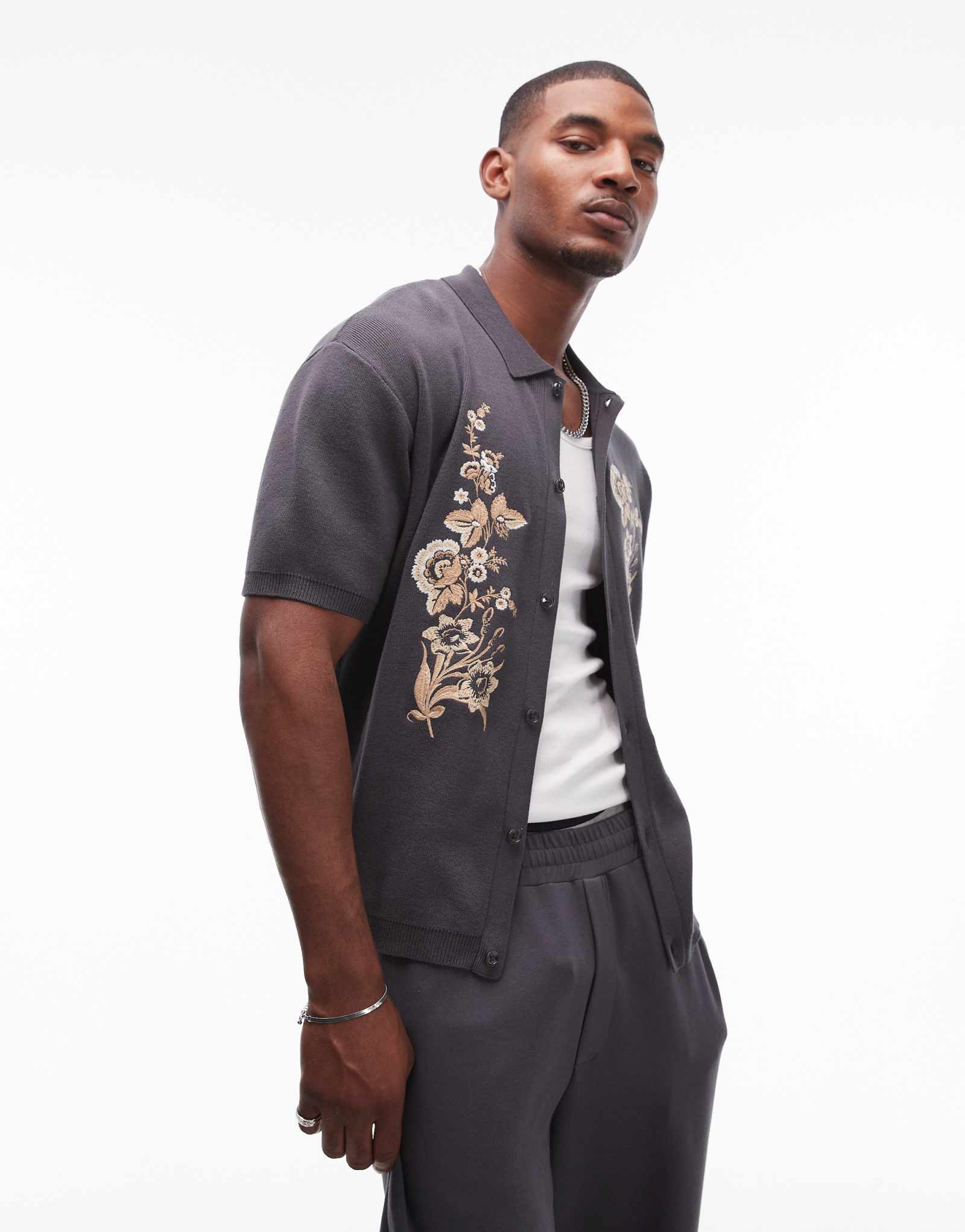 Вязаная рубашка Topman с вышивкой серого цвета 
