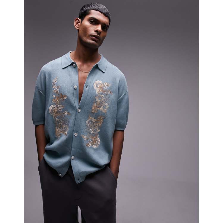 Topman relaxed floral embroidered knitted shirt in blue | ASOS