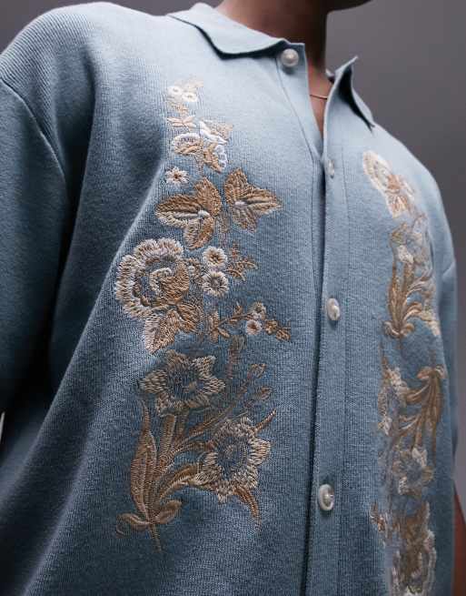 Topman relaxed floral embroidered knitted shirt in blue, 2 of 4