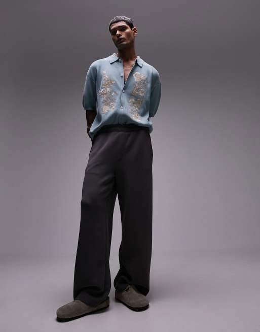 Topman relaxed floral embroidered knitted shirt in blue, 4 of 4