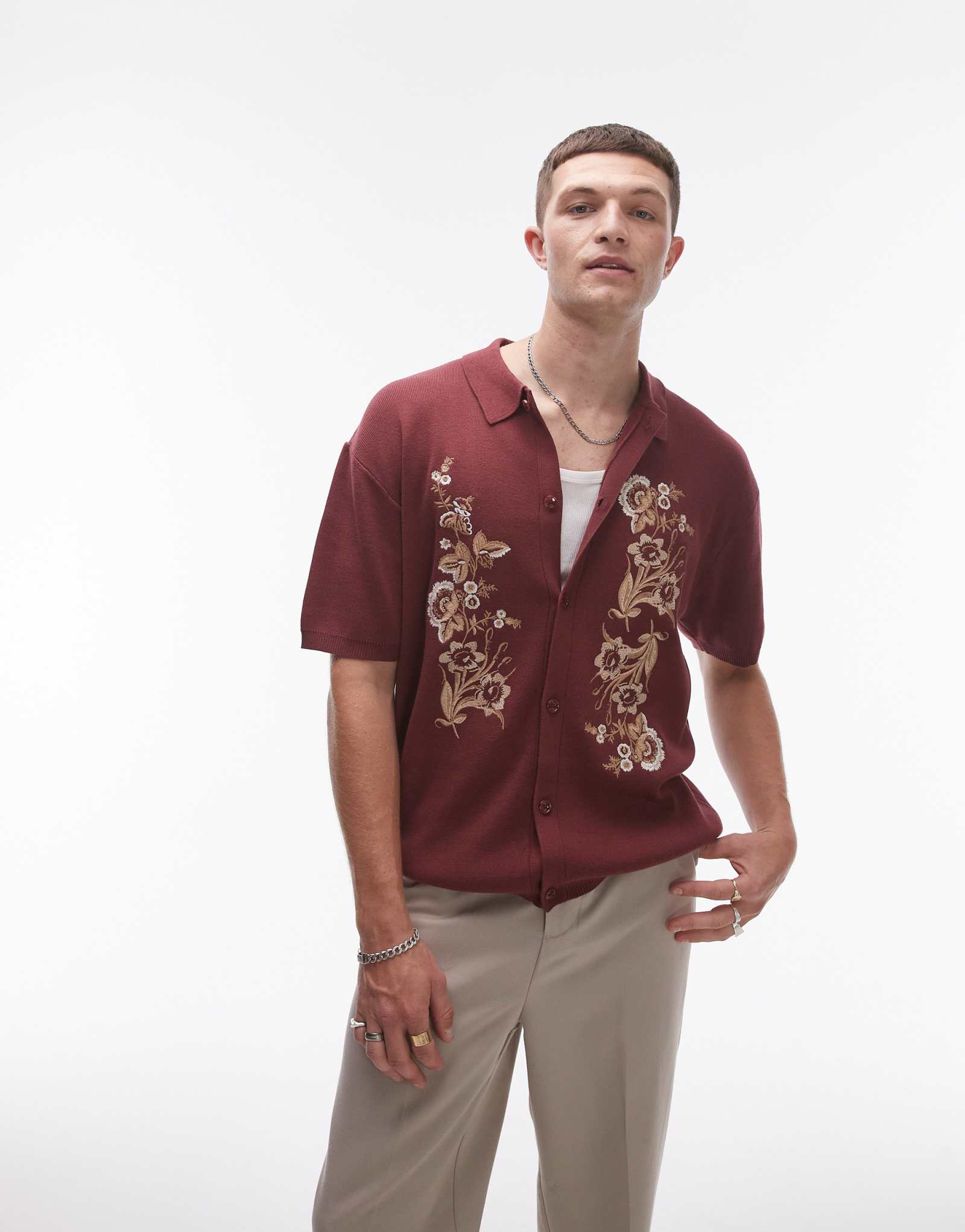 Трикотажная рубашка Topman с цветочной вышивкой сливового цвета 
