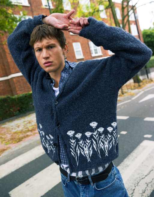 Topman relaxed gray boucle cardigan with white floral embroidery