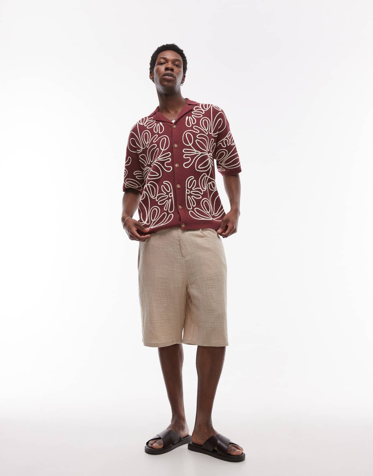 Topman relaxed heavy embroidered floral shirt in burgundy and ecru