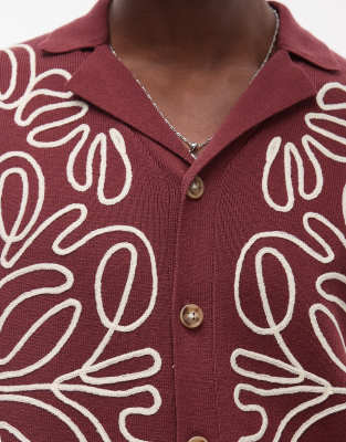 Topman Relaxed Heavy Embroidered Floral Shirt In Auburn