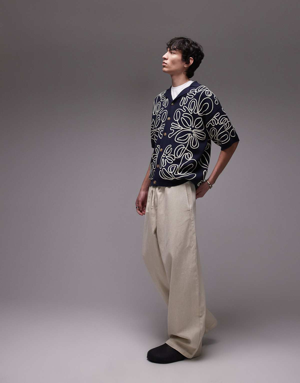 Topman relaxed heavy embroidered floral shirt in navy & cream