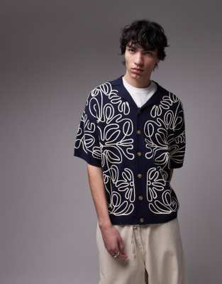 Topman Relaxed Heavy Embroidered Floral Shirt In Navy