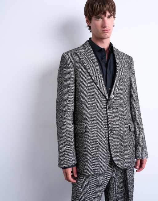 Topman relaxed herringbone wool blazer in black