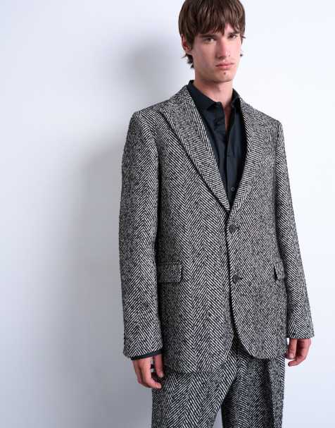 Topman relaxed herringbone wool blend blazer in black - view 1