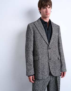 Topman relaxed herringbone wool blend blazer in black