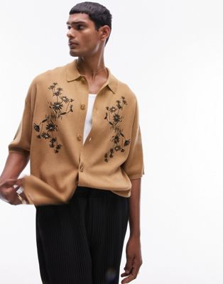 Topman relaxed knitted western embroidered shirt in tan