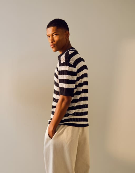 Topman relaxed ladder stitch crochet polo shirt in monochrome, 3 of 4
