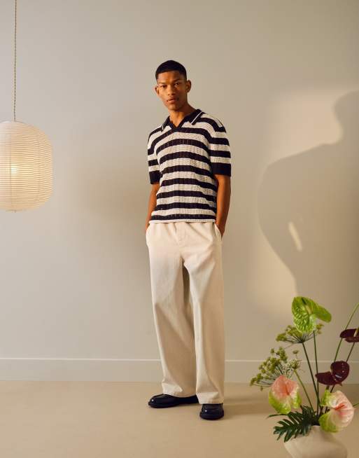 Topman relaxed ladder stitch crochet polo shirt in monochrome, 4 of 4