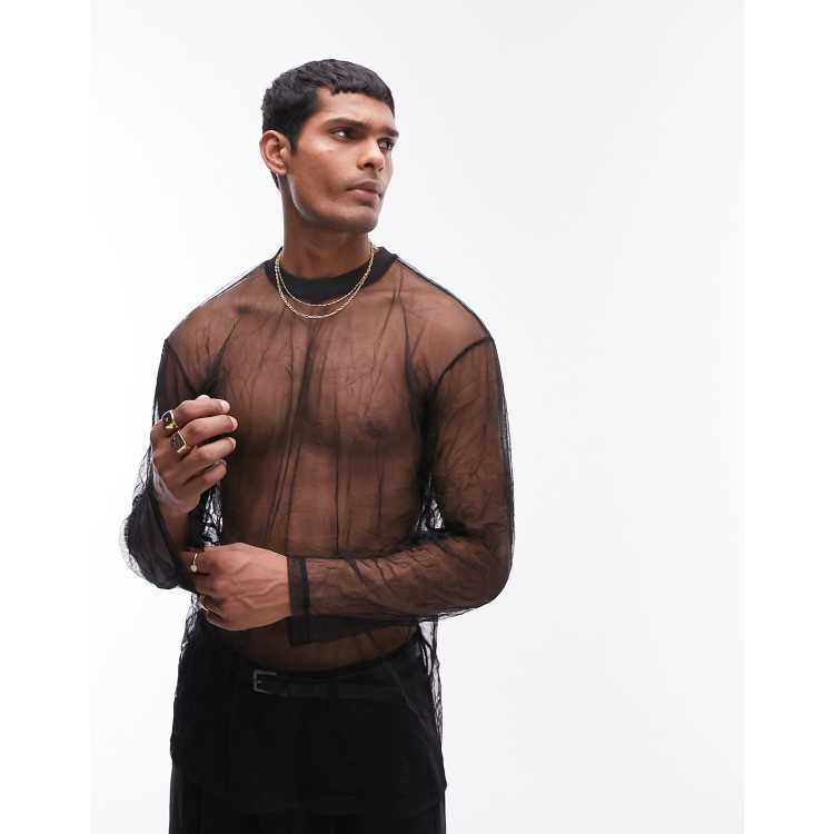 Topman relaxed long sleeve mesh t-shirt in black | ASOS