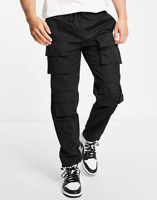 Topman relaxed multi pocket cargo trousers in black