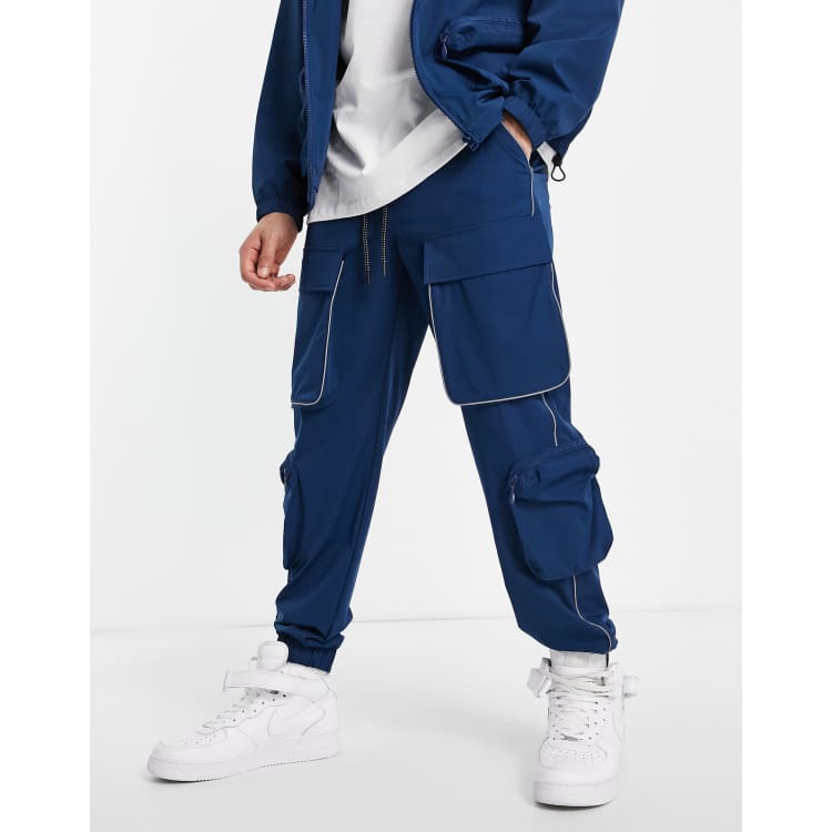 Topman relaxed nylon four pocket cargo pants in blue - part
