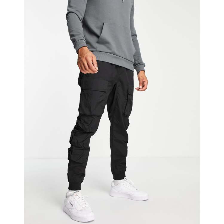 Topman relaxed nylon multi pocket cargo pants in black