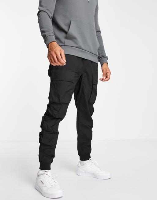 Topman relaxed nylon multi pocket cargo pants in black | ASOS