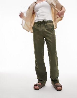 Topman relaxed nylon trousers with elasticated waist in khaki-Green