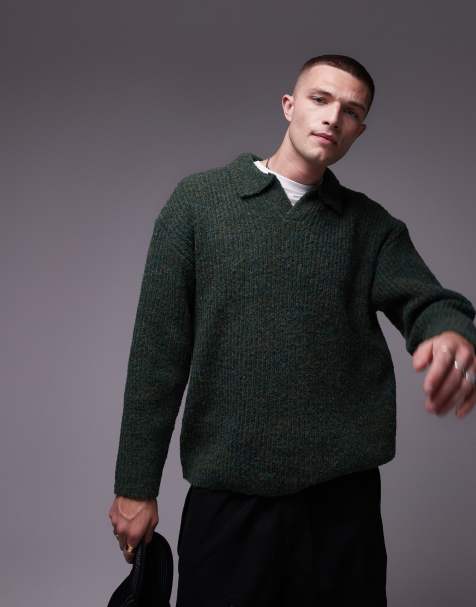 Topman relaxed open collar jumper in khaki - view 1