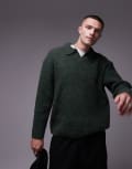[Topman] Topman relaxed open collar jumper in khaki-Green XS KHAKI