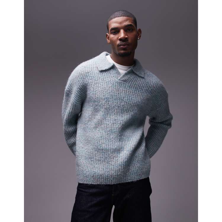 Topman relaxed open collar sweater in heather sage | ASOS