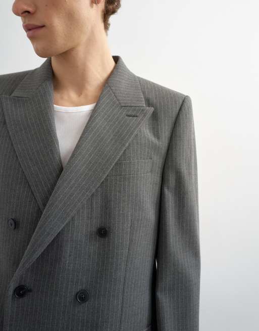 Topman relaxed pinstripe double breasted suit jacket in charcoal, 5 of 5
