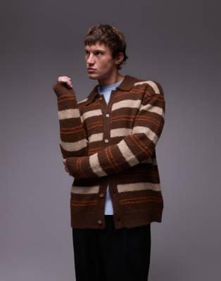 relaxed polo cardigan in brushed brown stripe