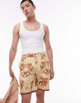 Topman Relaxed Printed Shorts In Stone-neutral