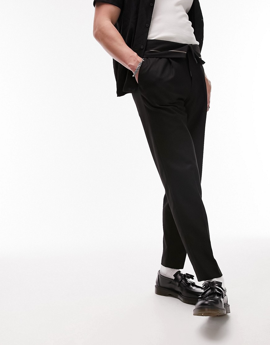 Topman relaxed pronounced twill rolled waistband trousers in black
