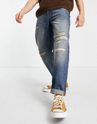 Topman relaxed rip and repair jeans in dark mid wash blue - ASOS Price Checker