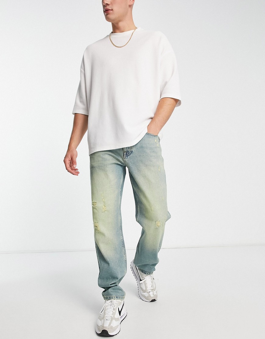 Topman relaxed rip jeans in green wash tint-Blue