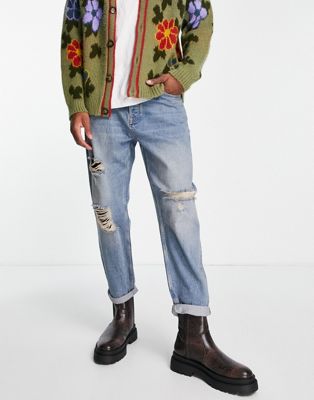 Topman relaxed rip jeans in mid wash dirty tint - ASOS Price Checker