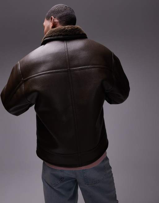 Topman relaxed shearling jacket with pocket in brown