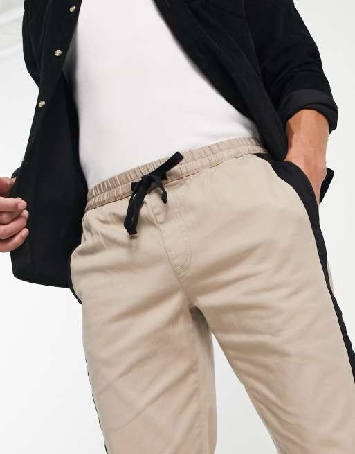 Topman relaxed side stripe pants with elasticated waistband in stone, 4 of 4