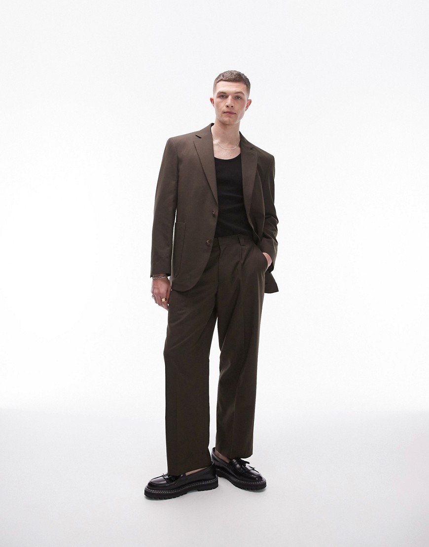 Topman relaxed suit trouser in khaki-Brown